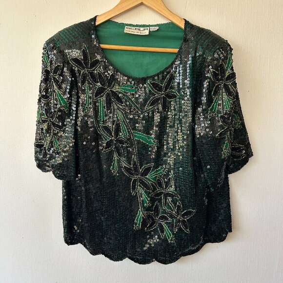Scala Full Sequin Silk Blouse Womens Large VTG Black Green Floral Party Sparkle - Picture 1 of 9